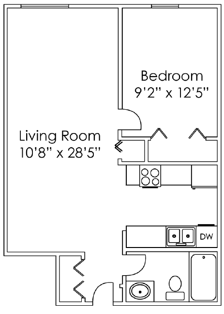 Floor plan for 1 bed, 1 bath, 553 sqft